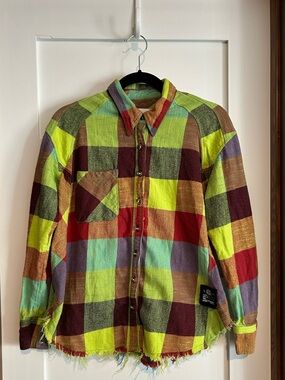 BDG Multicolor Plaid Brixton Button Front Raw Hem Shirt Size Small